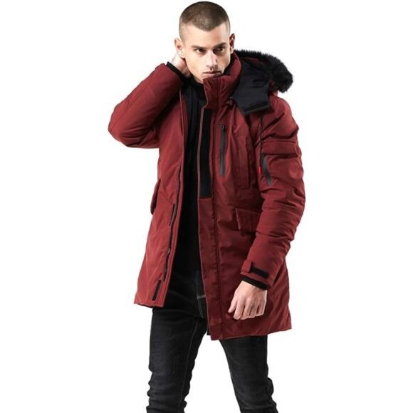 Men's Red Puffer Parka Jacket Hooded Faux Fur Anorak Jacket Winter Ski‎ Coat
